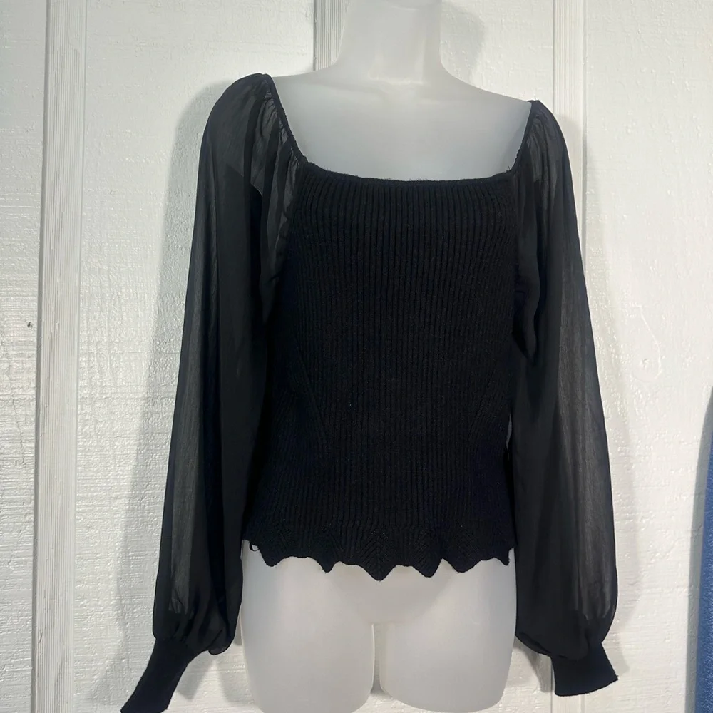 Sam Edelman Black Ribbed Shear Sleeve Sweater Size XL EUC